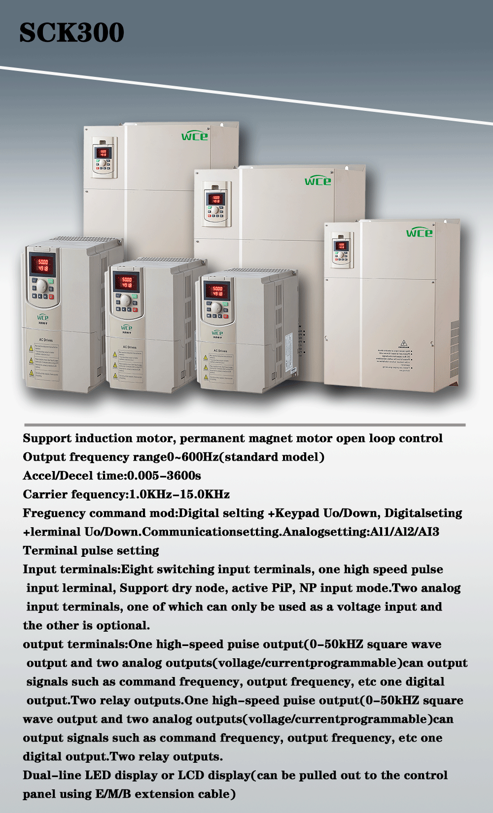 The latest technology inverter 0.75KW 2.2KW 5.5KW 7.5KW VFD has speed tracking, large screen display and multi-language function