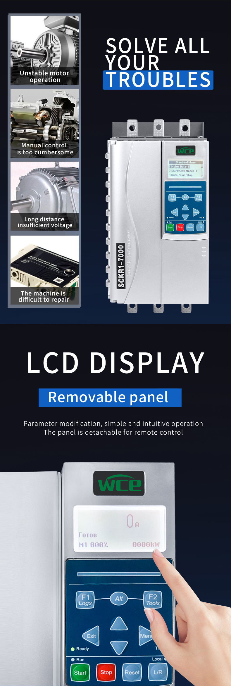 English French Spanish Russian Portuguese Arabic Display 5.5KW to 800KW 380V 3 Phase AC Built-in Bypass Motor Soft Starter