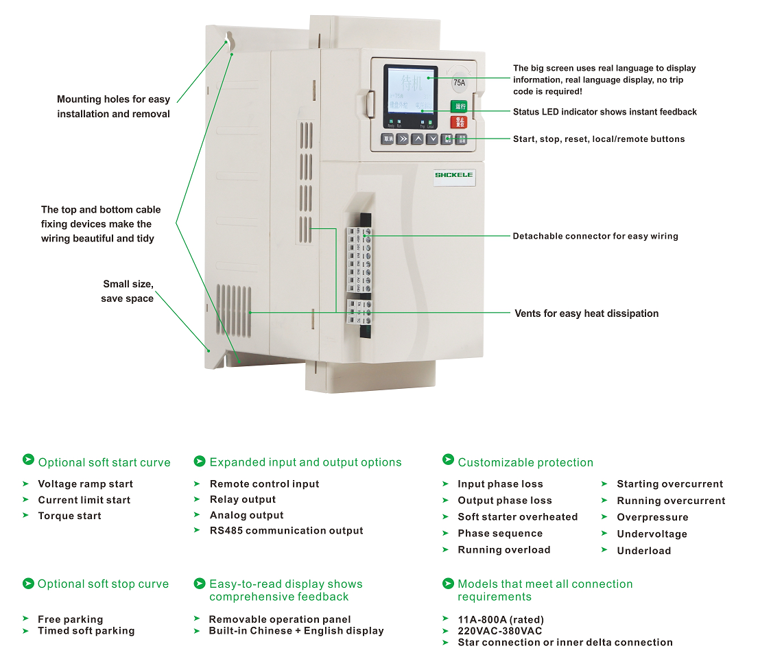High Performance AC 5.5KW 7.5KW 11KW 18.5KW 37KW 55KW Triple Phase 380V 45KW Intelligence Online Soft Starter