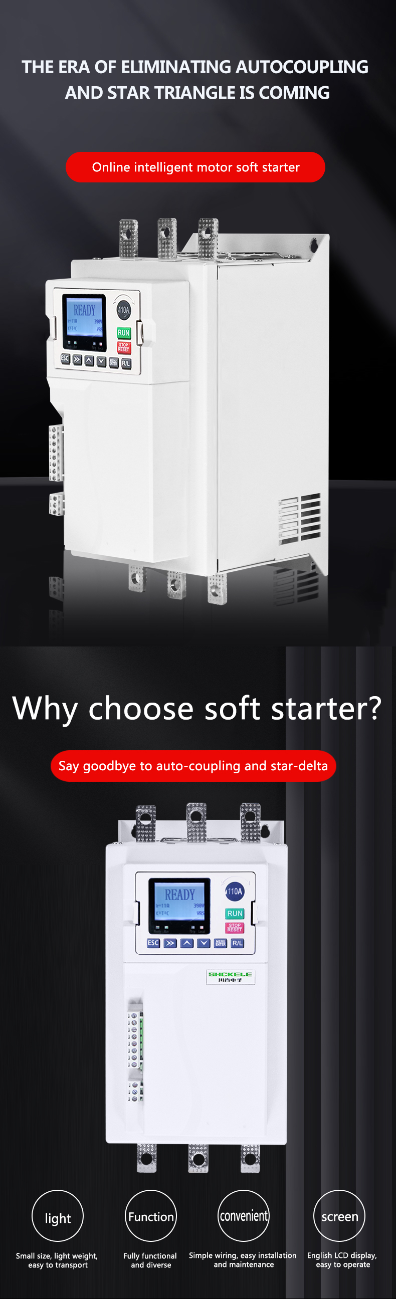 High Performance AC 5.5KW 7.5KW 11KW 18.5KW 37KW 55KW Triple Phase 380V 45KW Intelligence Online Soft Starter